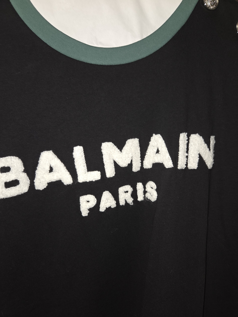 Balmain Black Crewneck T-Shirt with Green Trim and Silver Buttons - Picture 2 of 5
